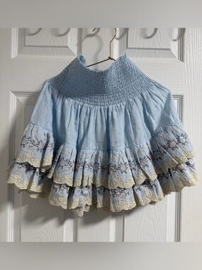 Sunday Saint Tropez Boho Embroidered Tiered Mini Skirt Baby Blue Cotton